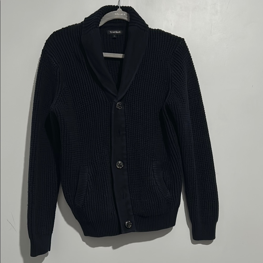 TRUE ROCK Black and Blue Cardigan Sweater V-Neck